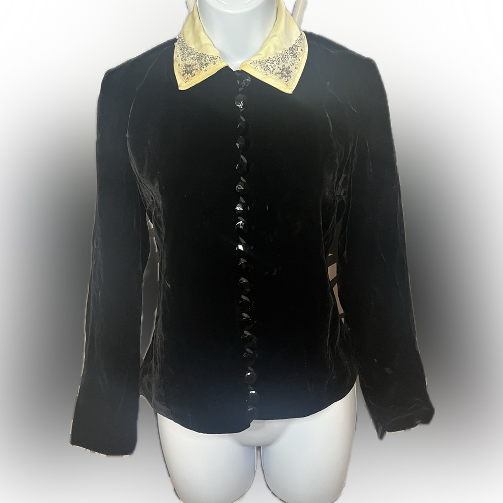 Vintage 1960s Black Velvet Top with Embellished Satin Collar